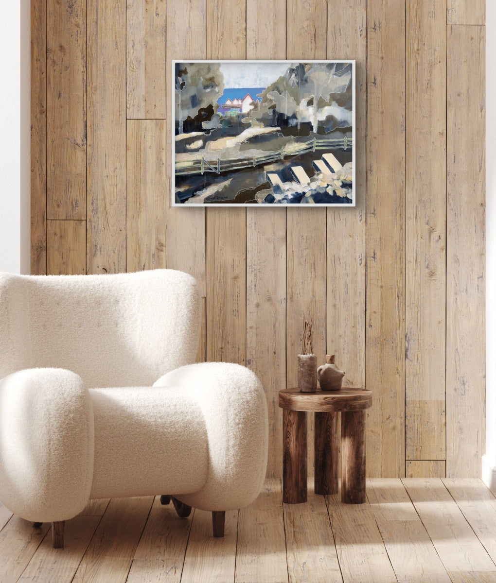 Original canvas of "And Beyond" as seen framed and hanging on a wall