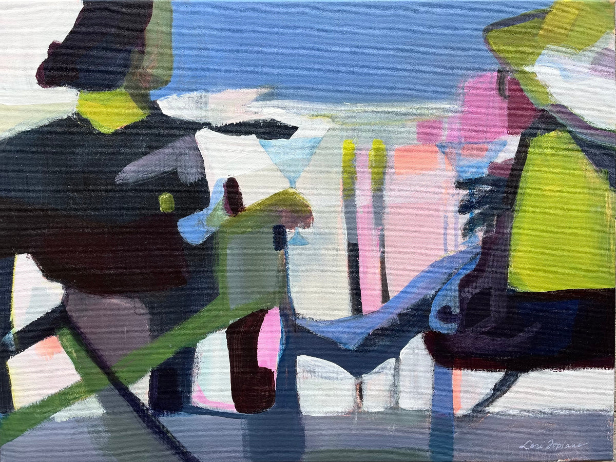 Original canvas "Cocktails At Four", an abstracted representation of two friends enjoying late afternoon libations