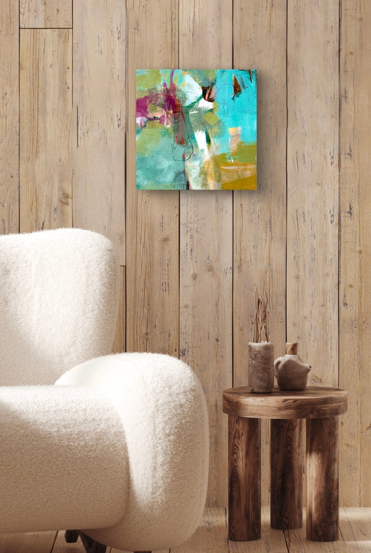 Demonstrates how the painting "I Might Have It All" looks in situ, here hanging on a wall above a chair.