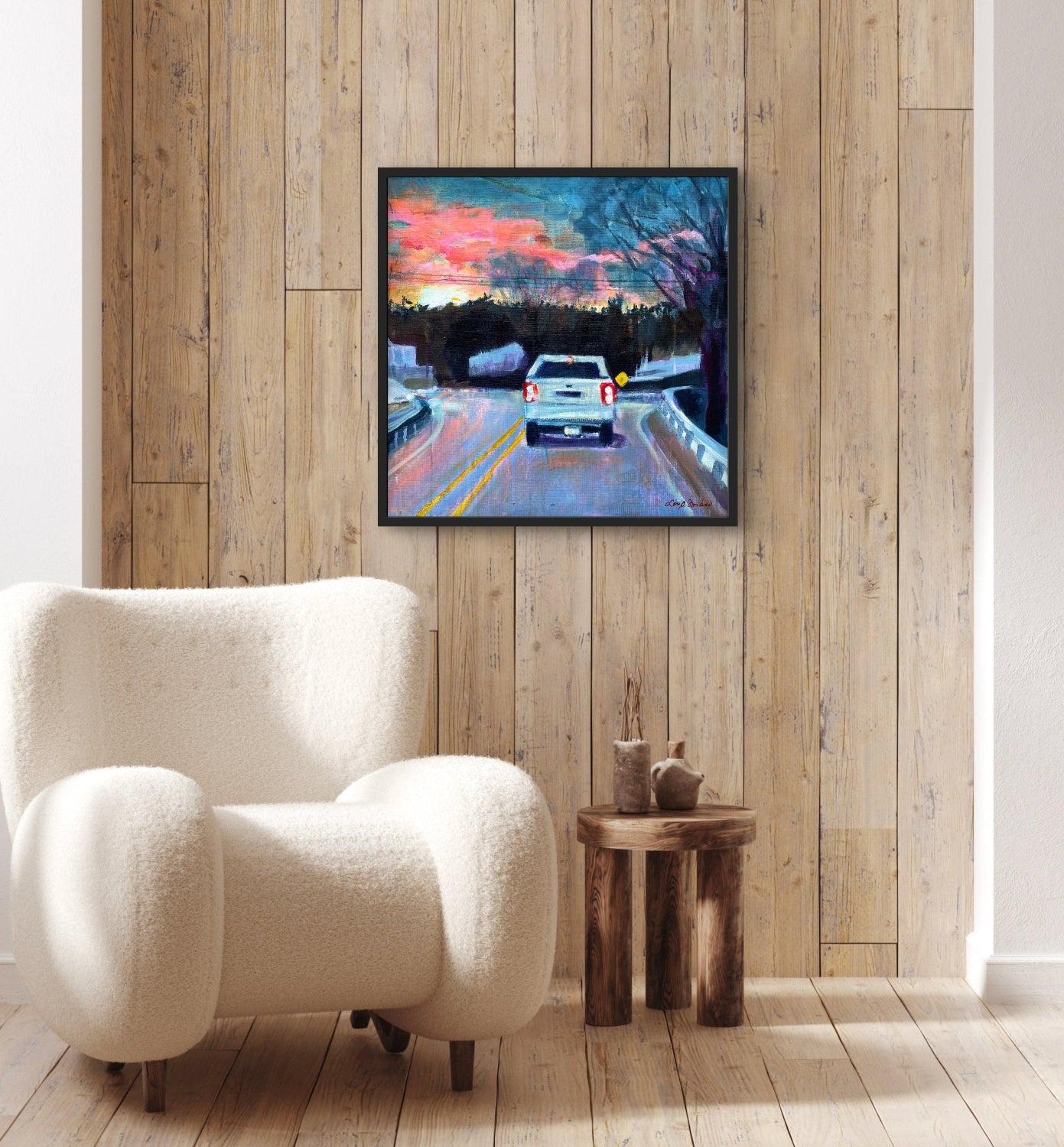 Demonstrates how the painting "West on Stockbridge" looks framed and hanging on a wall.
