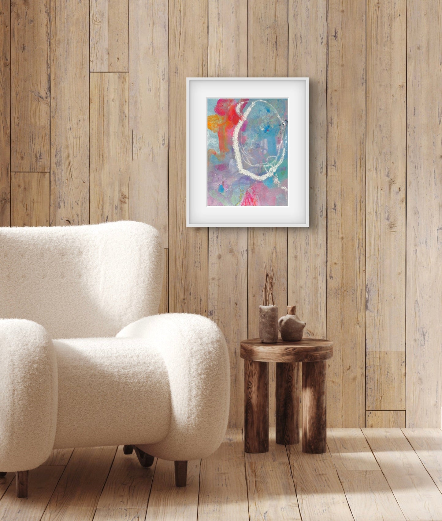 Matted original painting "Fairy Floss" as seen framed and hanging on wall.