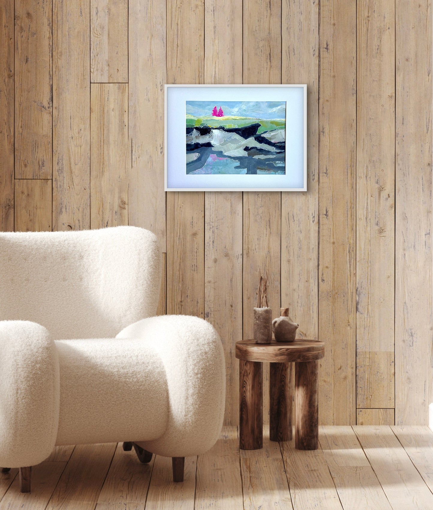 Matted original painting "On The River" as seen framed and hanging on a wall