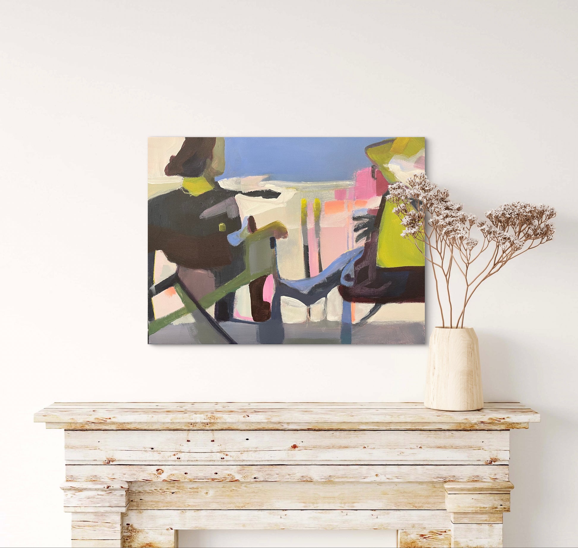 Original canvas "Cocktails At Four" as seen above a hearth