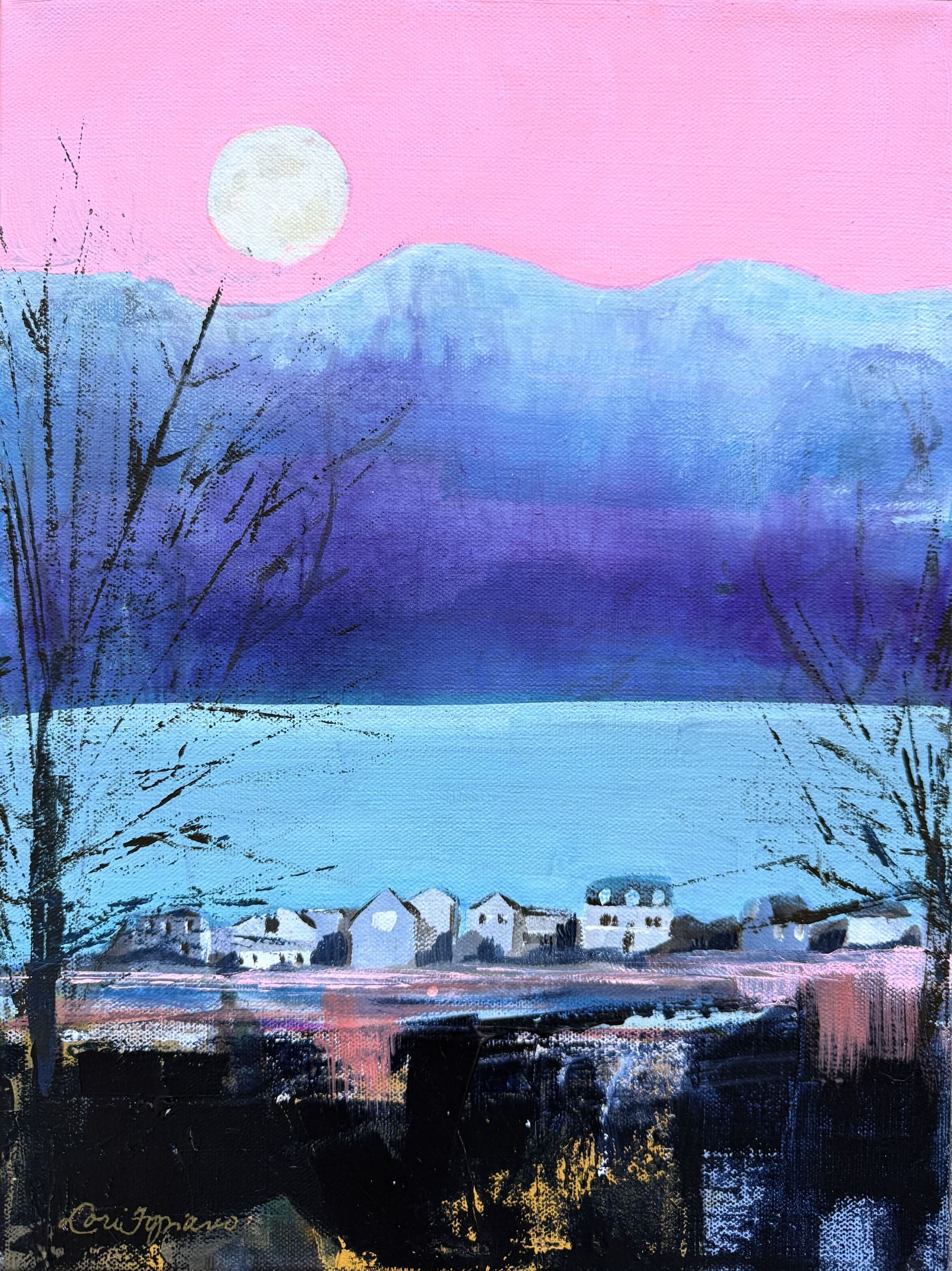 Cold Moon Over Humarock - Coastal Moonscape Painting 16x12 - Lori