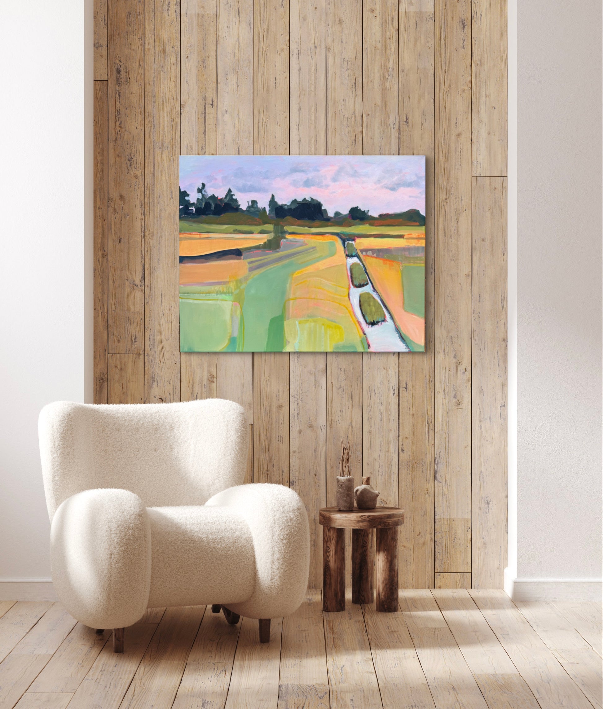Painting "One Fine Day" as seen on a wall above a chair