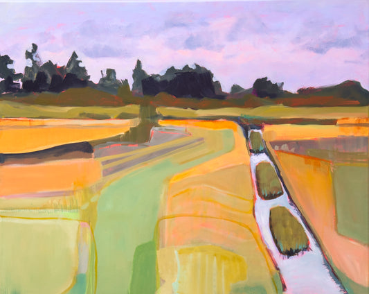 Canvas original "One Fine Day". Painted with bold and expressive brushstrokes, this expansive vista features a rolling marsh and distant treeline under a softly hued sky. The palette is composed of warm yellows and greens contrasted with cooler blues and pinks in the sky.