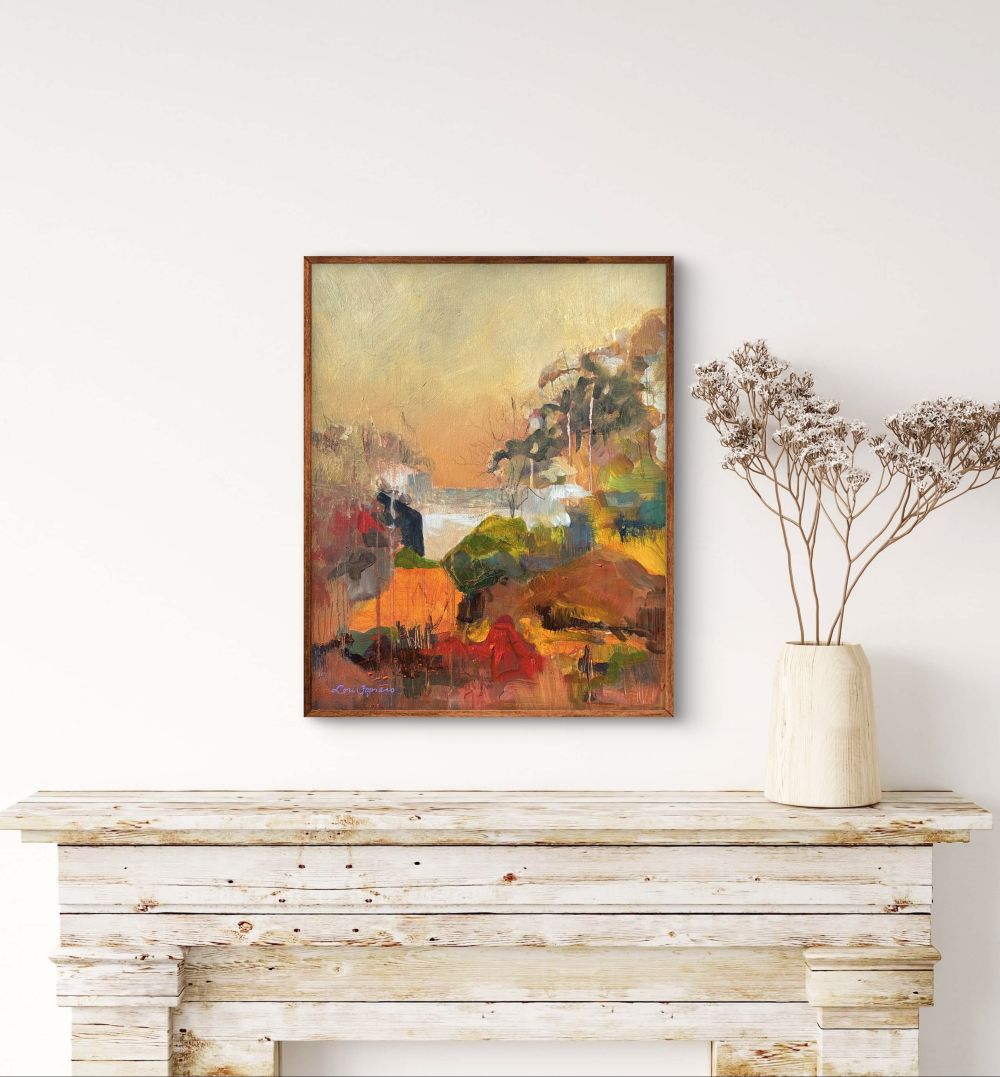 View of abstract landscape painting "Summer Heat" as seen hanging above a mantel