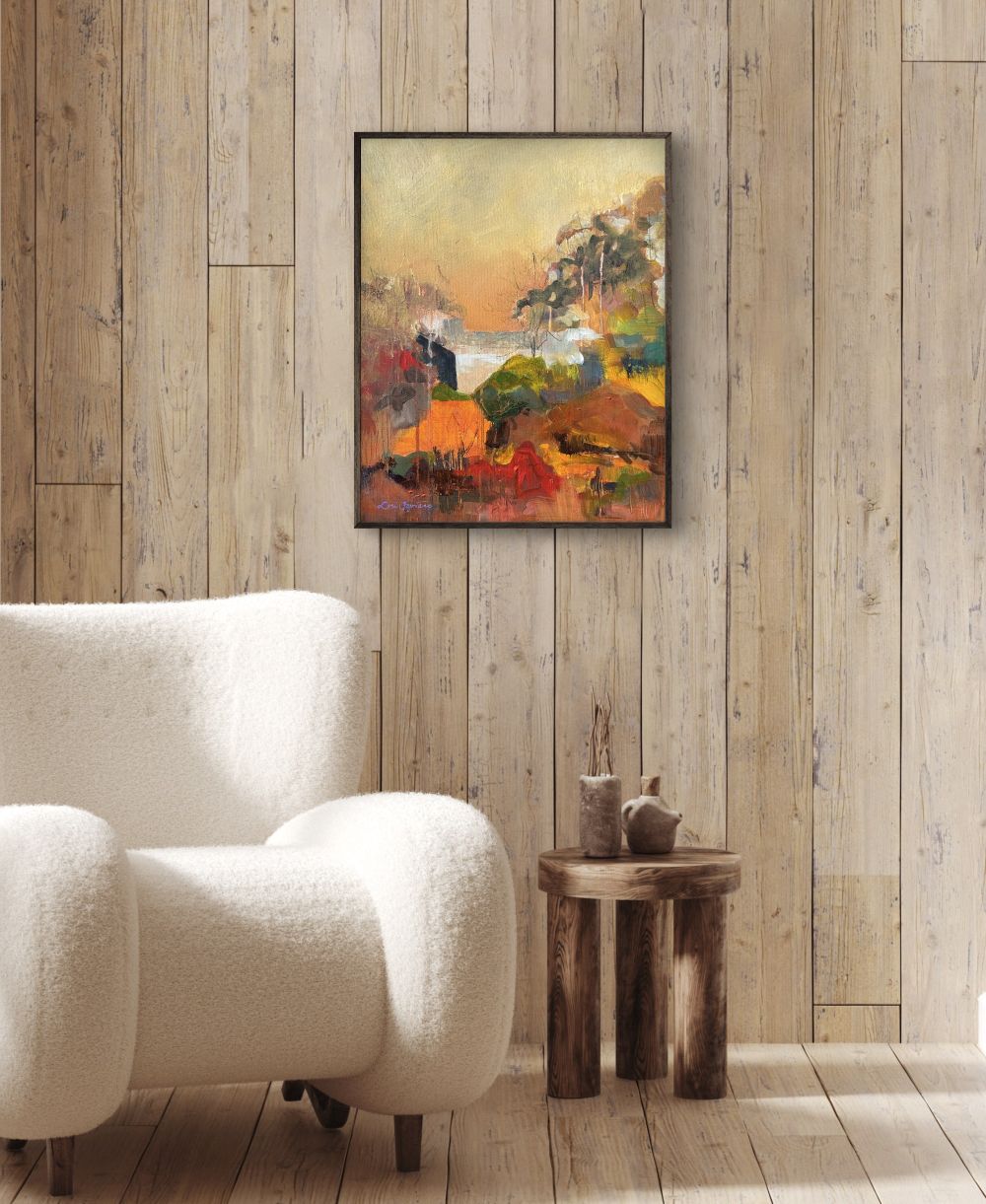 View of abstract landscape painting "Summer Heat" as seen hanging on a wall above a chair and side table